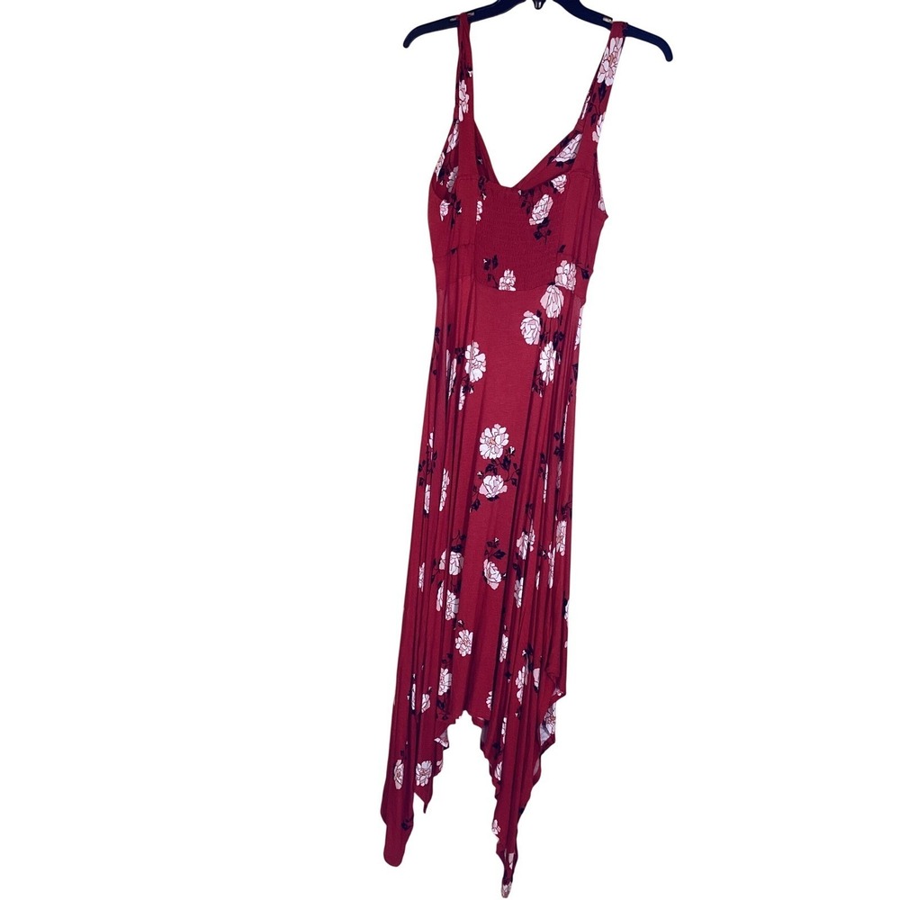 Red Floral Handkerchief Hem Midi Dress V-Neck Smocked Back Sleeveless Womens